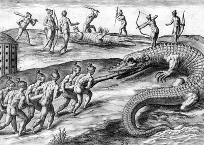 Indígenas timucanos cazando caimanes de Theodor de Bry