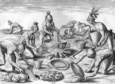 Indígenas timucanos preparando un festín de Theodor de Bry