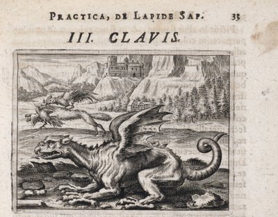 Un dragón, al fondo, un lobo ladrón de gallinas, atacado por un gallo - Grabado de Theodore de Bry (1528-1598), para el tratado de alquimia ""Tripus avreus, hoc est, Tres tractatus chymici selectissimi" " de Michael Maier (1569-1622) de Theodor de Bry