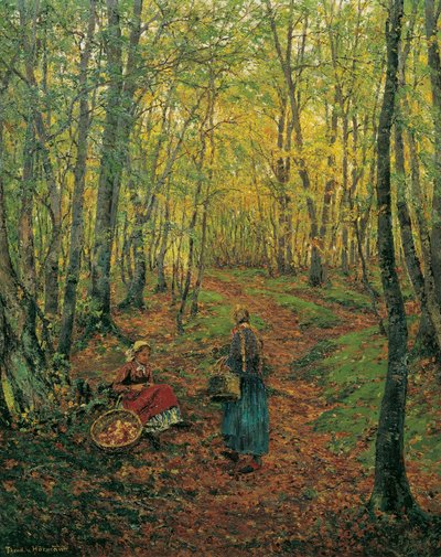 Interior del bosque con una chica buscando setas de Theodor von Hormann