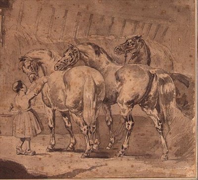 Niña pequeña alimentando caballos en un establo de Theodore (attr. to) Gericault