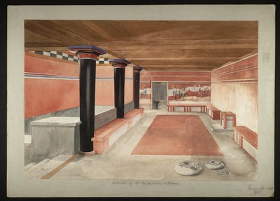 Pintura de la reimaginada Sala del Trono del Palacio de Minos en Cnosos (Evans Fresco Drawing B/4 a)) de Theodore Fyfe