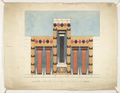 Pintura que reimagina el Santuario Tripartito Central en el Patio Central del Palacio de Minos en Cnosos (Evans Architectural Plans WW/15) de Theodore Fyfe