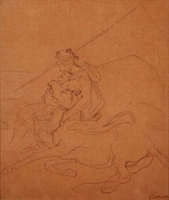 Árabe sosteniendo la cabeza de su caballo moribundo de Theodore Gericault