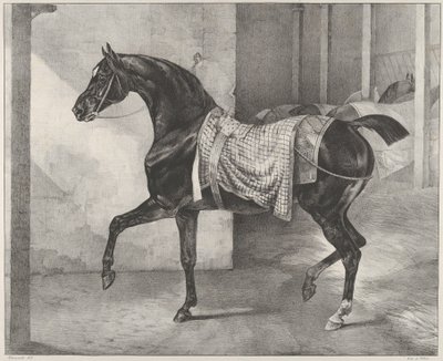 Un caballo negro atado en un establo de Theodore Gericault