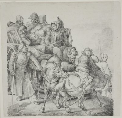 Carro tirado por caballos lleno de soldados heridos, litografía de C. Motte de Theodore Gericault