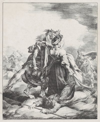 Un mameluco de la guardia imperial defendiendo a un trompetista herido frente a un cosaco (Un mameluco egipcio defendiendo a un trompetista francés herido en Waterloo) de Theodore Gericault