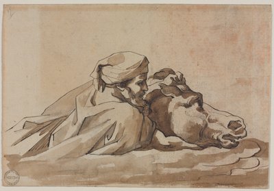Hombre agarrando un caballo en el agua, después del "Diluvio" de Poussin (anverso) de Theodore Gericault