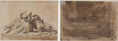 Hombre agarrando un caballo en el agua, después del "Diluvio" de Poussin (anverso); ¿Estudio compositivo? (posiblemente por "Diluvio de Poussin") (verso) de Theodore Gericault