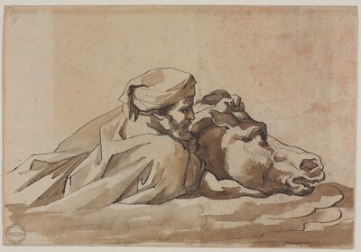 Hombre agarrado a un caballo en el agua, según "Diluvio" de Poussin (anverso), c. 1816 (pluma y tinta marrón y pincel y aguada marrón sobre grafito) de Theodore Gericault