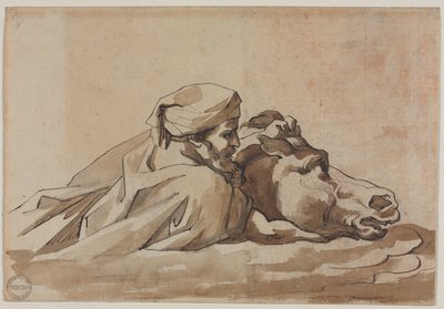 Hombre agarrando un caballo en el agua, después del Diluvio de Poussin recto, Estudio composicional verso, c.18 de Theodore Gericault