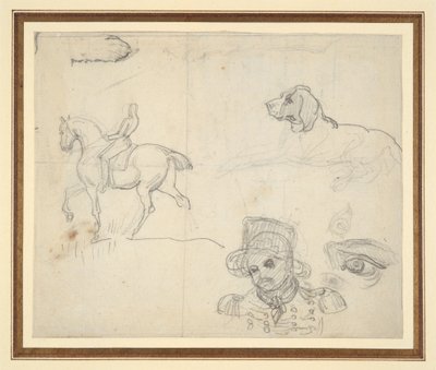 Página de bocetos (caballo, perro, cabeza de soldado) de Theodore Gericault