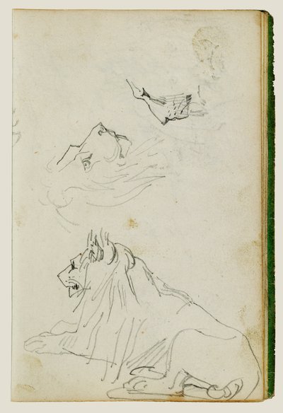 León sentado, dos bocetos de cabezas de león de Theodore Gericault