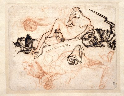 Hoja de estudios con la «Noche» de Miguel Ángel, un granadero y otros bocetos de Theodore Gericault