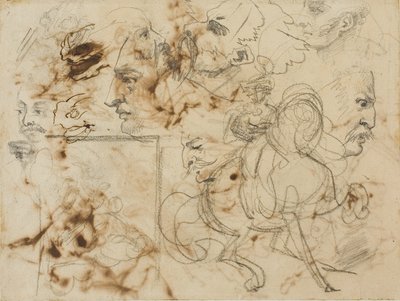 Bocetos de rostros de hombres, hocicos de caballos y soldados montados de Theodore Gericault