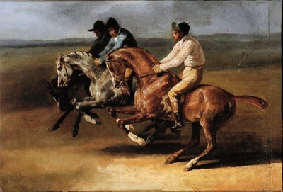 Inicio de la carrera de caballos con jinetes de Theodore Gericault