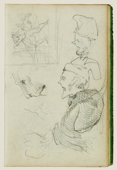 Estudios de león, estudio compositivo de figura de grupo, dos estudios de cabeza de caricatura de Theodore Gericault