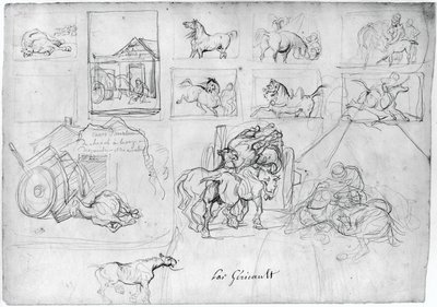 Estudio de caballos (anverso); Una carreta seguida de un portador de un cartel (reverso) de Theodore Gericault