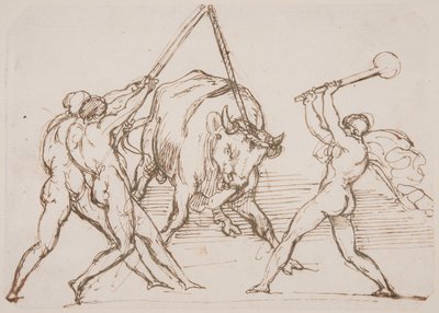 Tres hombres provocando a un toro de Theodore Gericault