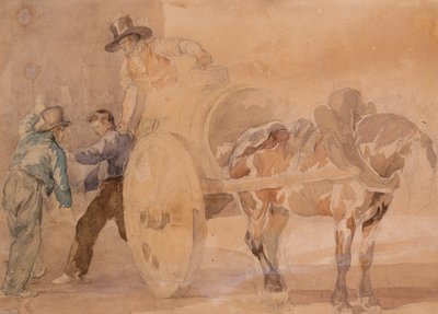 Tres hombres descargando un carro (acuarela sobre trazos de lápiz sobre papel) de Theodore Gericault