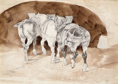 Tres caballos pesados con arneses de Theodore Gericault