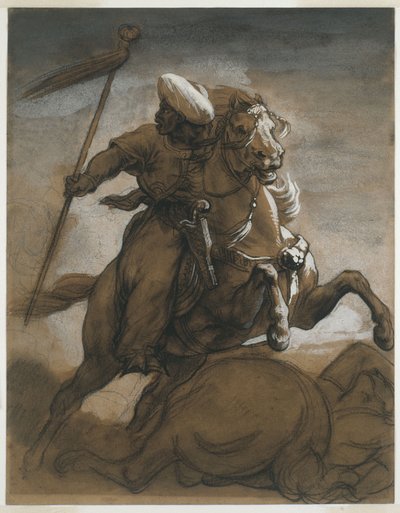 Caballero turco en combate, c.1818 (aguada marrón, realzada con gouache sobre papel) de Theodore Gericault