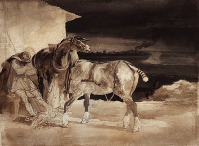 Dos Caballos y un Mozo Durmiendo de Theodore Gericault
