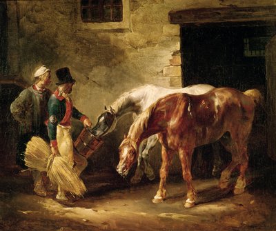 Dos caballos de posta en la puerta de un establo de Theodore Gericault