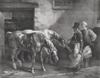 Dos caballos de posta en la puerta de un establo, 1822 de Theodore Gericault