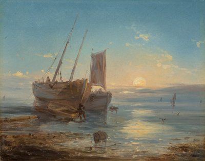 Barcos en la playa con marea baja de Theodore Gudin