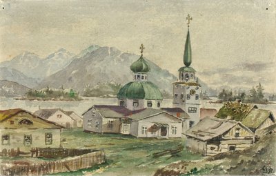 Vista trasera de la iglesia griega, Sitka, 1888 de Theodore J. Richardson