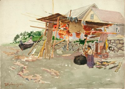 Secado de salmón, aldea india, Alaska, ca. 1880-1914 de Theodore J. Richardson