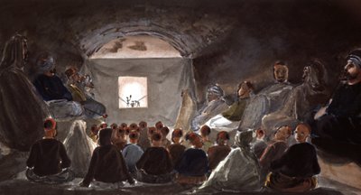 Espectáculo de marionetas en una escuela de Argelia, hacia 1830 (acuarela) de Theodore Leblanc