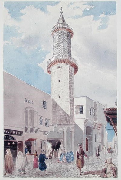 El minarete de la mezquita en Rue de Chartres y Rue Bab-Azoun, Argel de Theodore Leblanc