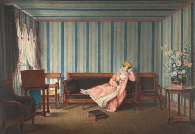 Mujer en rosa reclinada en un canapé de Theodore Lebrun