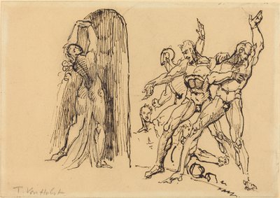 Cinco Hombres Desnudos Gesticulando mientras una Mujer Desnuda Entra en un Portal de Theodore M. von Holst