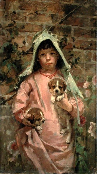 Niña con cachorros de Theodore Robinson