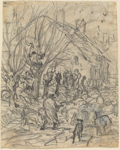 Un rebaño de ovejas frente a una granja de Theodore Rousseau
