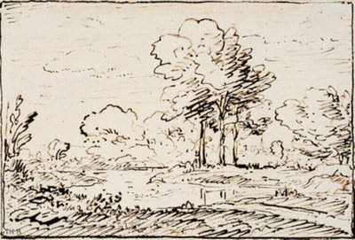 Paisaje con tres altos árboles junto a un río de Theodore Rousseau