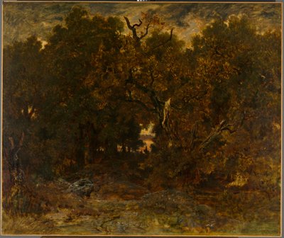 Saliendo del bosque, Fontainebleau: Sol poniente de Theodore Rousseau