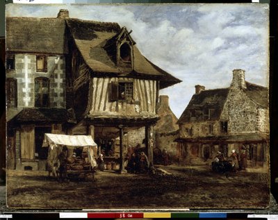 Plaza del mercado en Normandía (casas con entramado de madera) (Plaza del mercado en Normandía). Pintura de Theodore Rousseau (1812-1867). Óleo sobre tabla, 29,5 x 38 cm, hacia 1830. Arte francés de Barbizon. Museo del Hermitage, San Petersburgo. de Theodore Rousseau