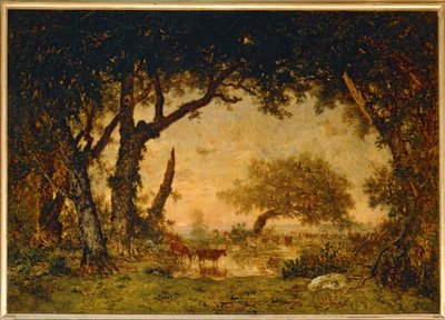 Salida del bosque en Fontainebleau, puesta de sol... de Theodore Rousseau