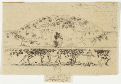 Júpiter y Alcmena y ninfas y sátiros en un medallón de friso, estudio para la decoración de un marco de Theodore Roussel