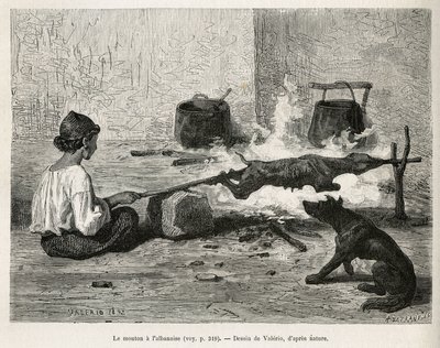 Un joven montenegrino asando un cordero con el albanés, sentado frente al fuego y girando constantemente el pincho de madera. Grabado según el dibujo de Valerio, para ilustrar el viaje a Dalmacia, por Charles Yriarte, en 1874, publicado en “Le tour du mond de Theodore Valerio