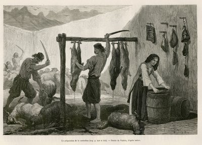 La preparación de la castradina, especialidad de carne de oveja y cabra salada y ahumada, hacia finales de octubre, en Dalmacia (Istria y Herzegovina (Croacia)), dibujo de Valerio, para ilustrar el viaje a Montenegro, en 1874, por Charles Yriarte de Theodore Valerio