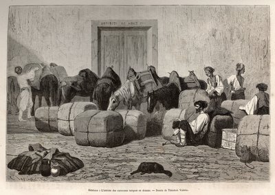 Cuando las caravanas turcas llegan a la aduana de Sebenico (Serbia), los viajeros comerciales descargan los fardos de la espalda de sus camellos para verificar la cantidad y naturaleza de las mercancías. Ilustración de una historia sobre Dalmacia, por Char de Theodore Valerio