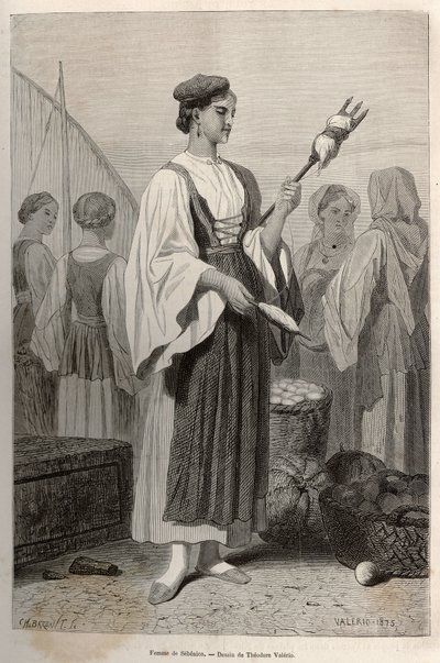 Mujer de Sebenico (Serbia), usando husos para hilar lana, en la plaza del mercado. Ilustración de una historia sobre Dalmacia, por Charles Yriarte, en 1874, publicado en “Le tour du monde” 1876, editado por Edouard Charton de Theodore Valerio