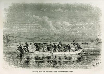 Un barco en el río de Hue (Vietnam), ilustración de la historia de ocho días de embajada en Hue (Reino de Annam), en 1875, por el Sr. Brossard de Corbigny, teniente (N), adjunto a la misión. Grabado en Le tour du monde de Theodore Weber