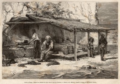 Una cabaña de pesca de atún en la bahía de Proelucca, Golfo de Fiume (o Rijeka, Istria), tres de los pescadores aún duermen, envueltos en mantas, otro se equipará y reemplazará al vigía, otro preparará la cocina y el musgo deambula al pie de de Theodore Weber