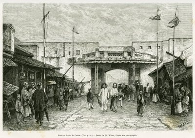 Puerta de la calle Cantón en Hanoi. Grabado de Th. Weber, a partir de una fotografía, para ilustrar la historia Treinta meses en Tonkín en 1884, del Doctor Hocquard, en Le Tour du Monde 1889, bajo la dirección de Edouard Charton (1807-1890), Hachette, Parí de Theodore Weber